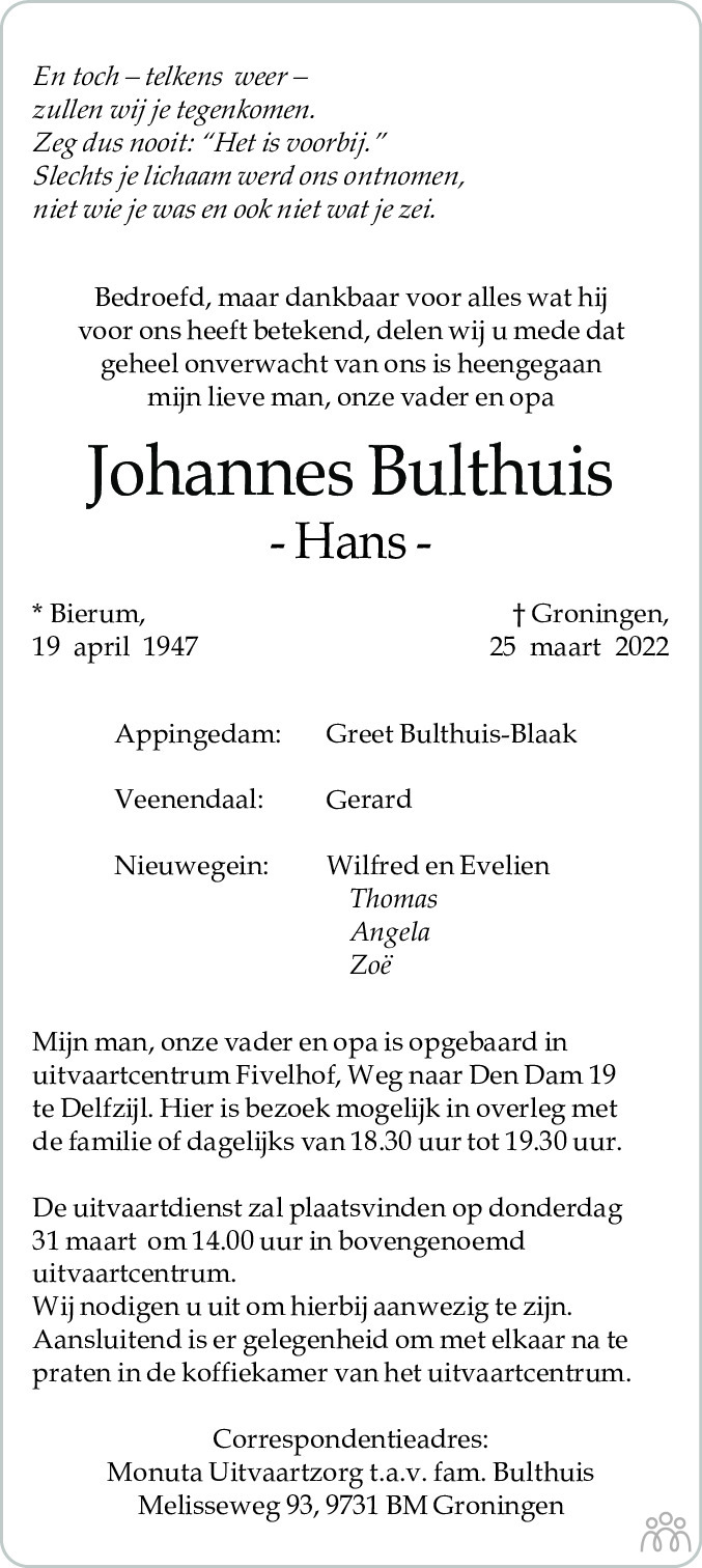 Johannes Hans Bulthuis Overlijdensbericht En Condoleances