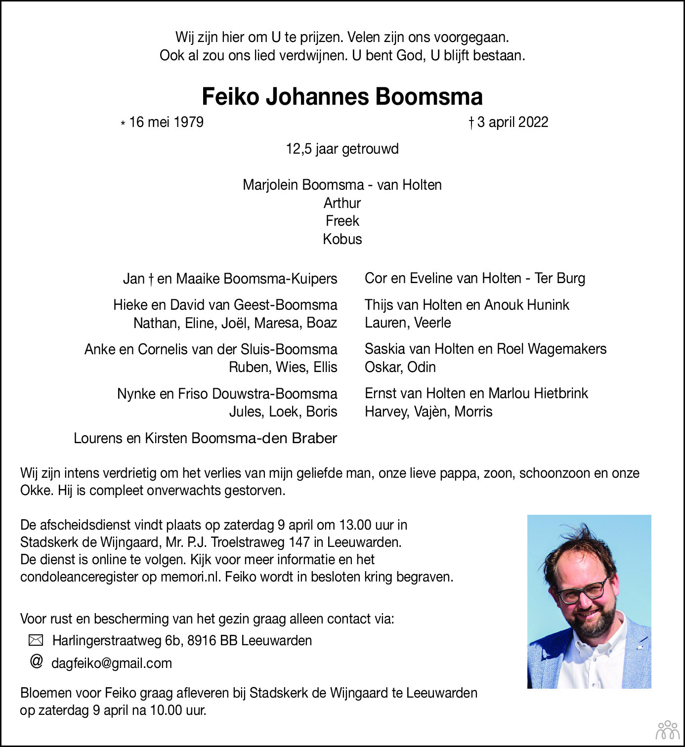 Feiko Johannes Boomsma 03 04 2022 Overlijdensbericht En Condoleances