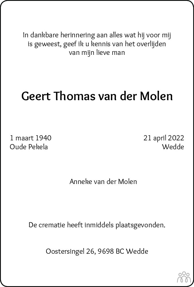 Geert Thomas Van Der Molen 21 04 2022 Overlijdensbericht En