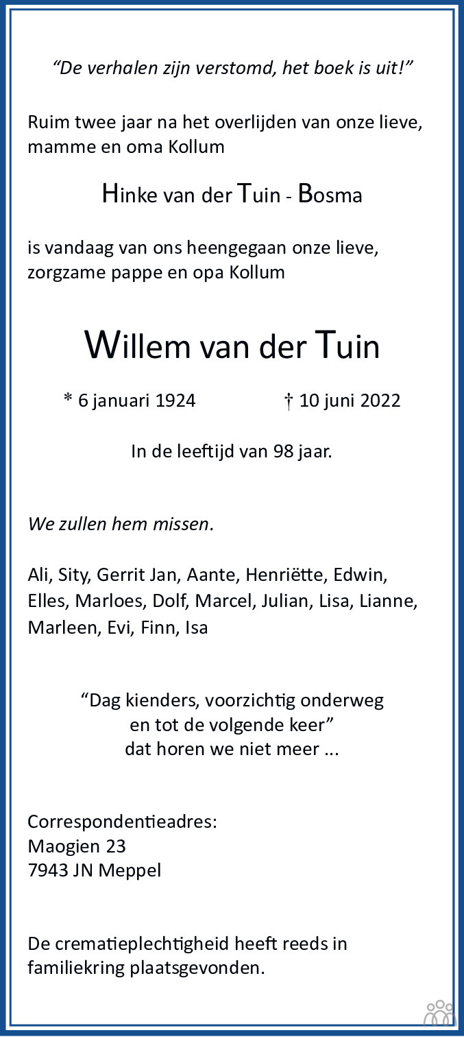 Willem Van Der Tuin Overlijdensbericht En Condoleances