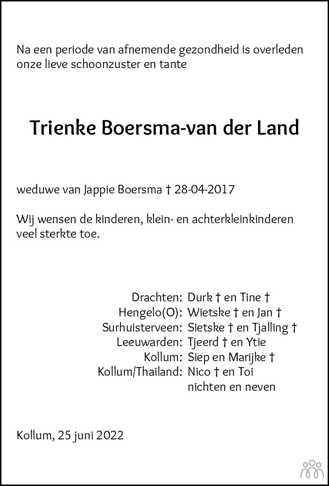 Trienke Trijntje Boersma Van Der Land Overlijdensbericht