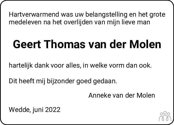 Geert Thomas Van Der Molen 21 04 2022 Overlijdensbericht En