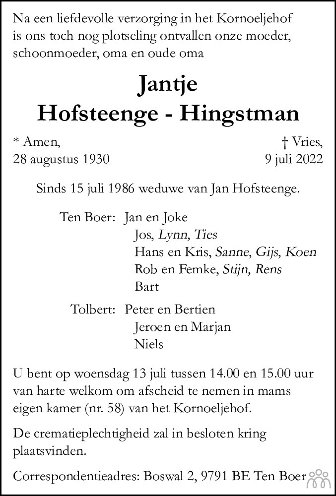 Jantje Hofsteenge Hingstman 09 07 2022 Overlijdensbericht En