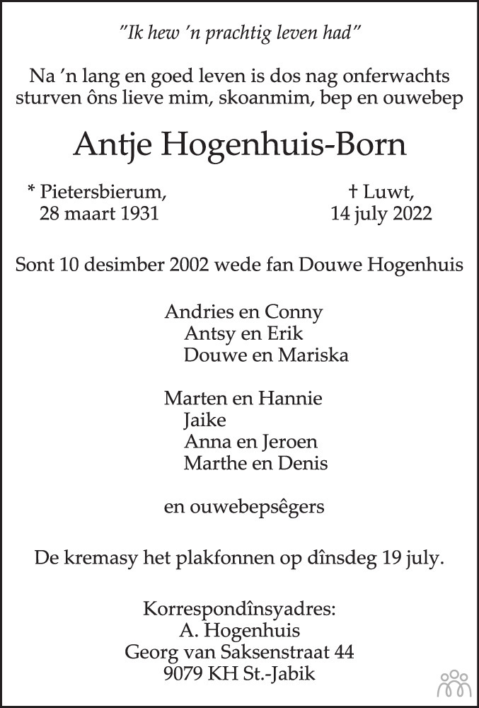 Antje Hogenhuis Born Overlijdensbericht En Condoleances