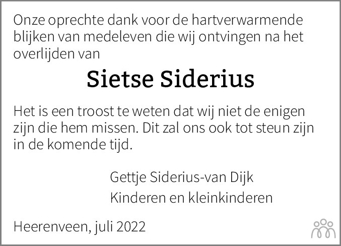 Sietse Siderius Overlijdensbericht En Condoleances