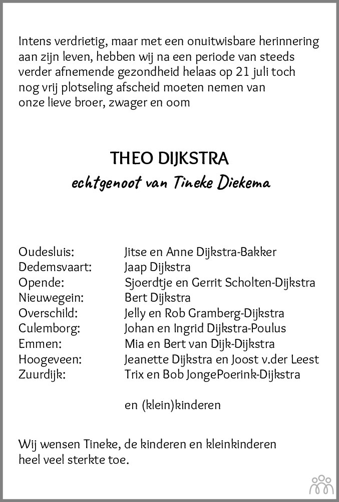 Theo Dijkstra 21 07 2022 Overlijdensbericht En Condoleances Mensenlinq Nl