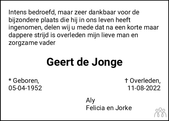 Geert De Jonge Overlijdensbericht En Condoleances