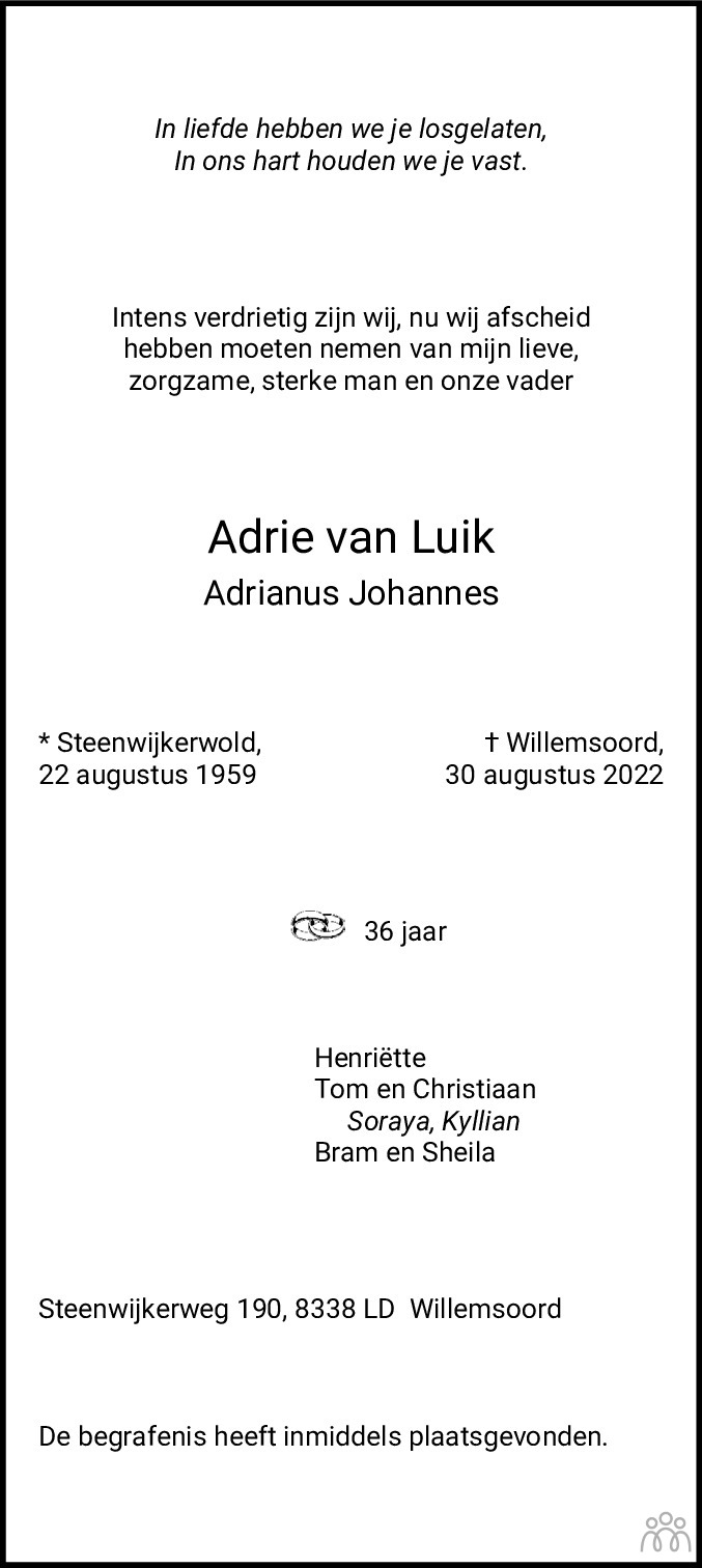 Adrie Adrianus Johannes Van Luik 30 08 2022 Overlijdensbericht En