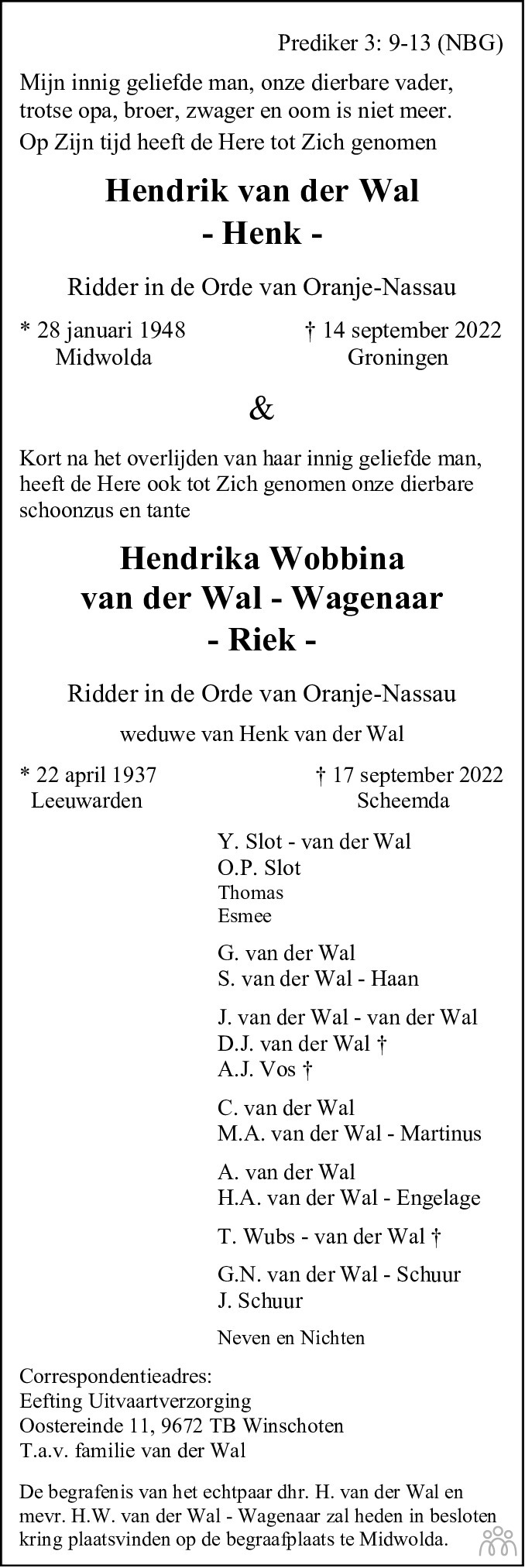 Hendrik Henk En Hendrika Riek Van Der Wal Wagenaar