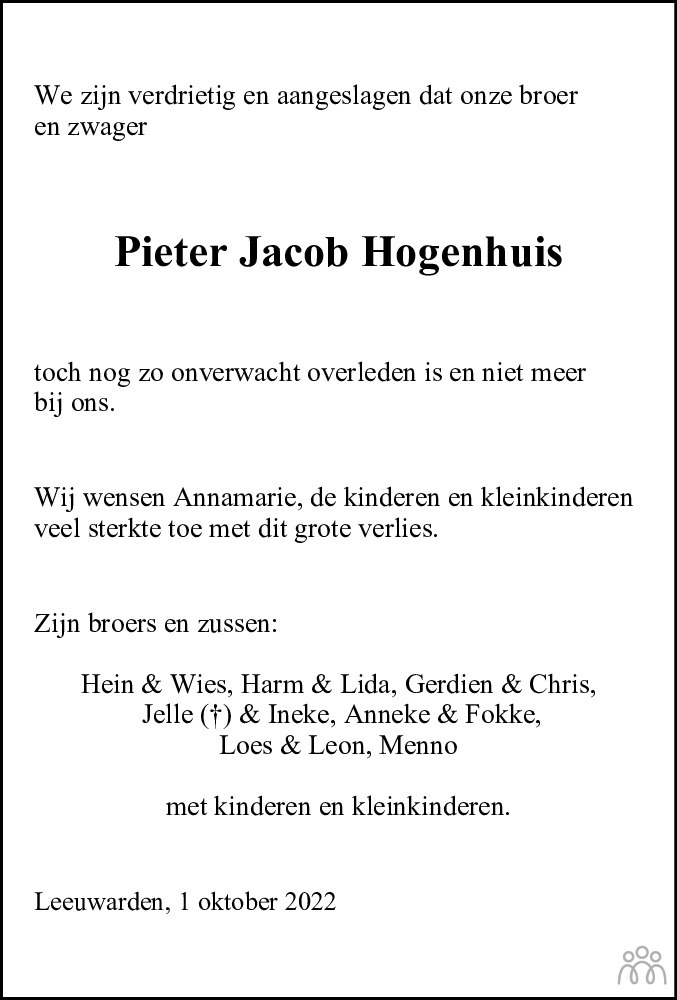 Pieter Jacob Hogenhuis Overlijdensbericht En Condoleances