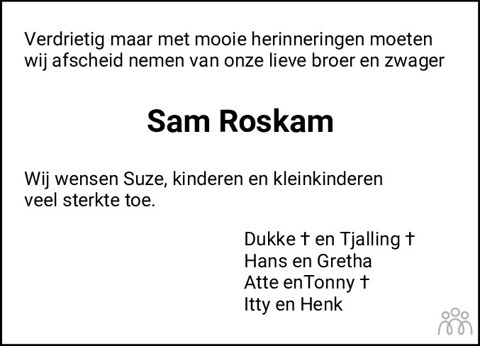 Sam Roskam Overlijdensbericht En Condoleances Mensenlinq Nl