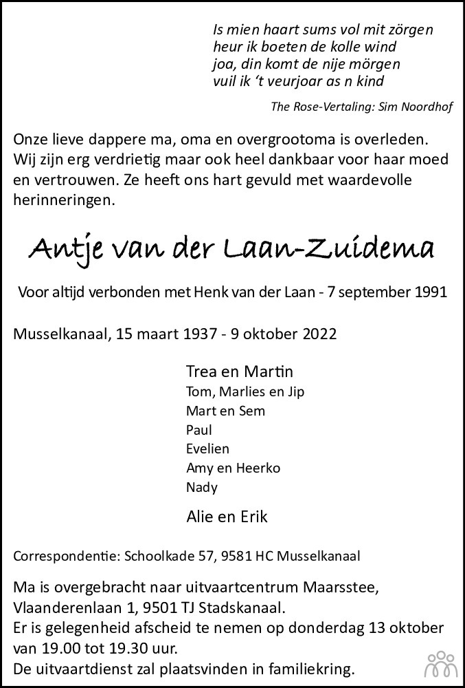 Antje Van Der Laan Zuidema 09 10 2022 Overlijdensbericht En