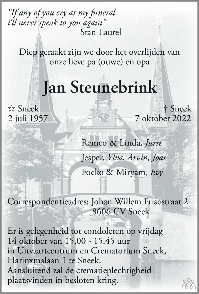 Jan Steunebrink Overlijdensbericht En Condoleances