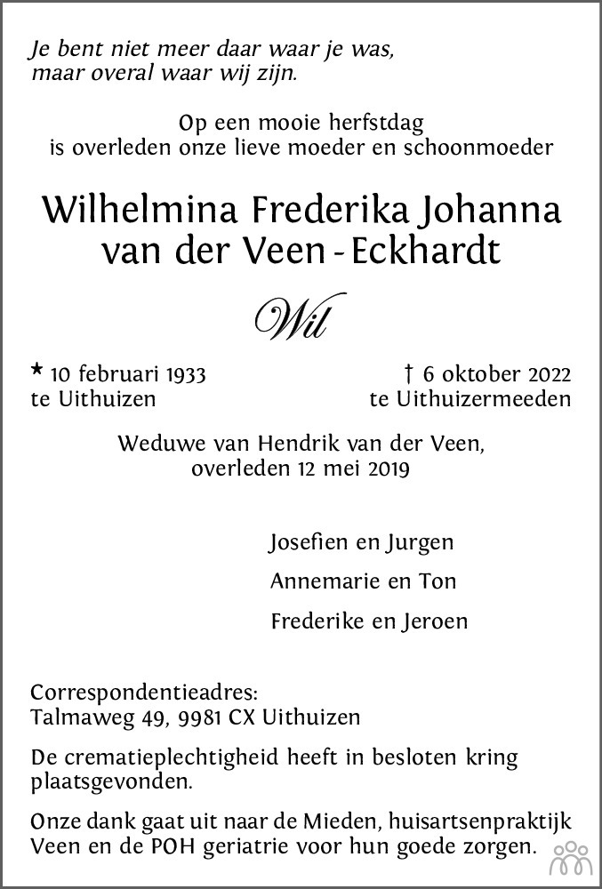 Wilhelmina Frederika Johanna Wil Van Der Veen Eckhardt 06 10 2022