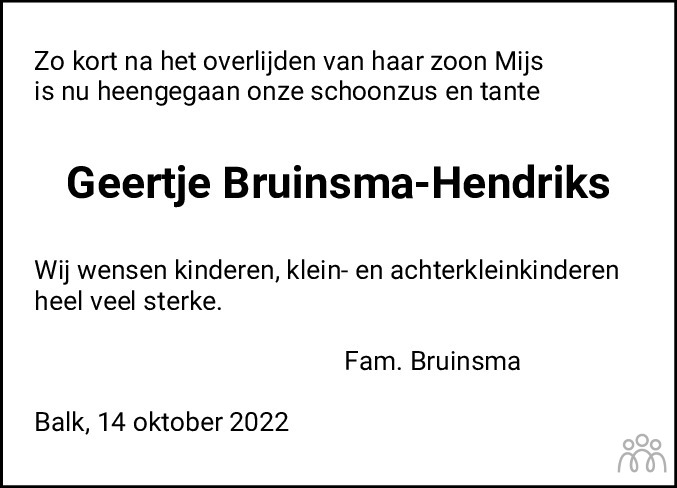 Geertje Bruinsma Hendriks Overlijdensbericht En Condoleances