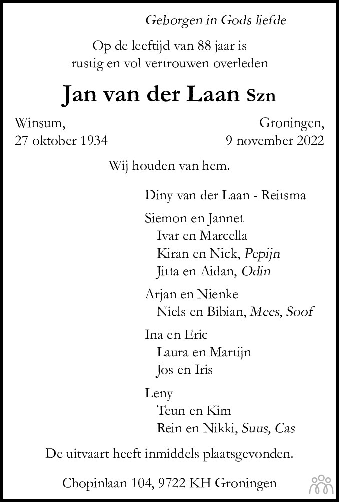 Jan Van Der Laan 09 11 2022 Overlijdensbericht En Condoleances