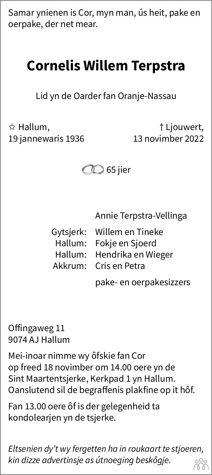 Cornelis Willem Terpstra 13 11 2022 Overlijdensbericht En Condoleances