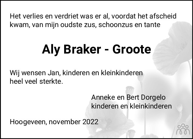 Aaltje Aly Braker Groote 13 11 2022 Overlijdensbericht En