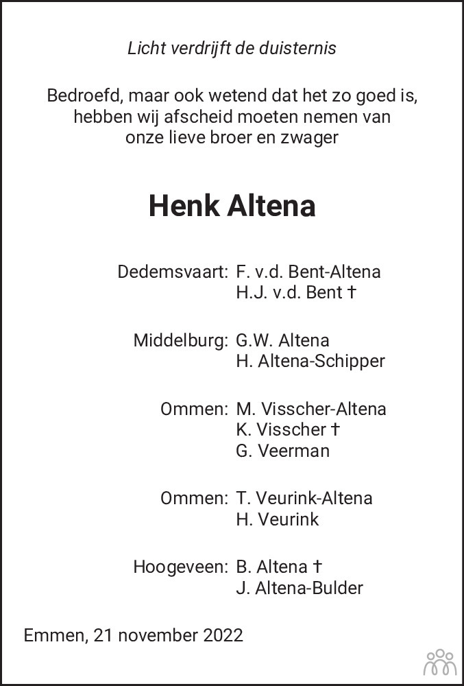 Henk Jan Hendrik Altena 21 11 2022 Overlijdensbericht En Condoleances