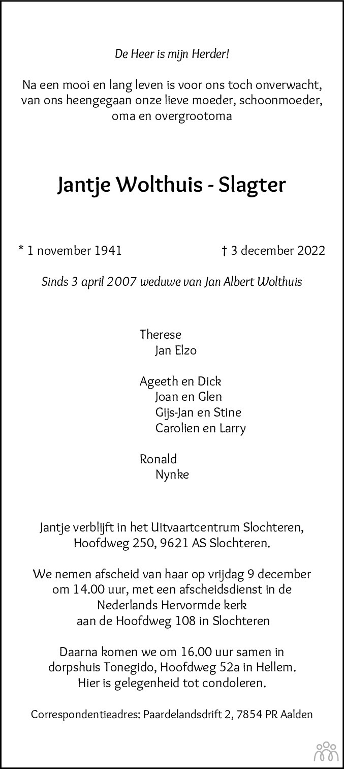 Jantje Wolthuis Slagter 03 12 2022 Overlijdensbericht En Condoleances