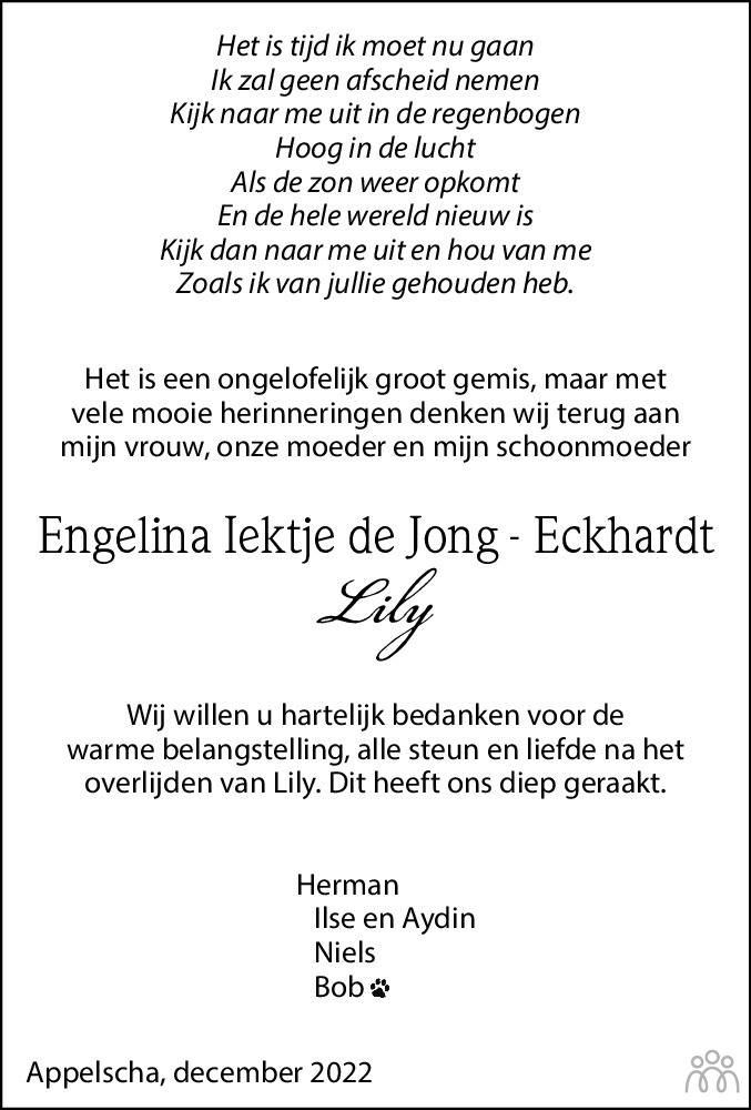 Engelina Iektje Lily De Jong Eckhardt 17 10 2022 Overlijdensbericht