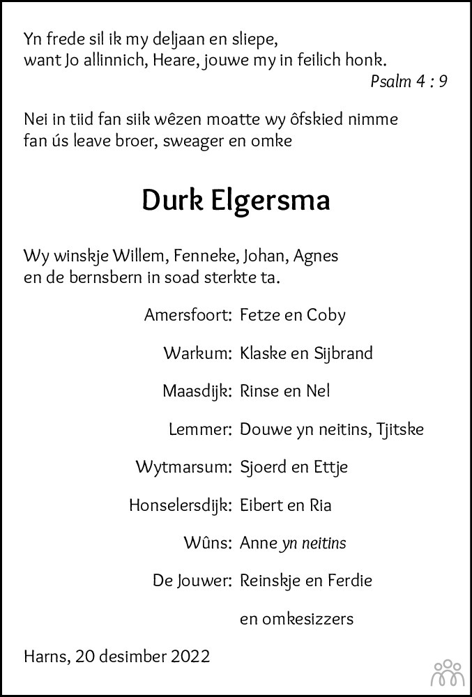 Durk Elgersma 20 12 2022 Overlijdensbericht En Condoleances Mensenlinq Nl