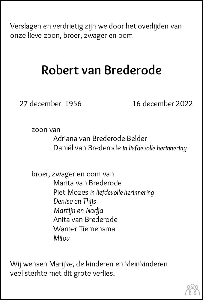 Robert Van Brederode 16 12 2022 Overlijdensbericht En Condoleances