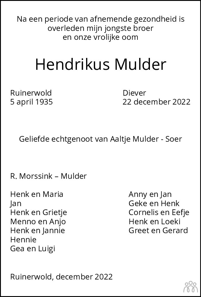 Hendrikus Mulder Overlijdensbericht En Condoleances