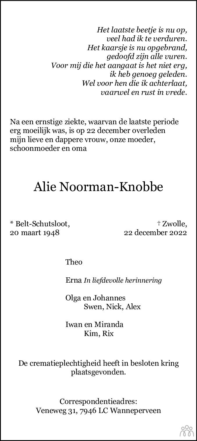 Alie Noorman Knobbe 22 12 2022 Overlijdensbericht En Condoleances