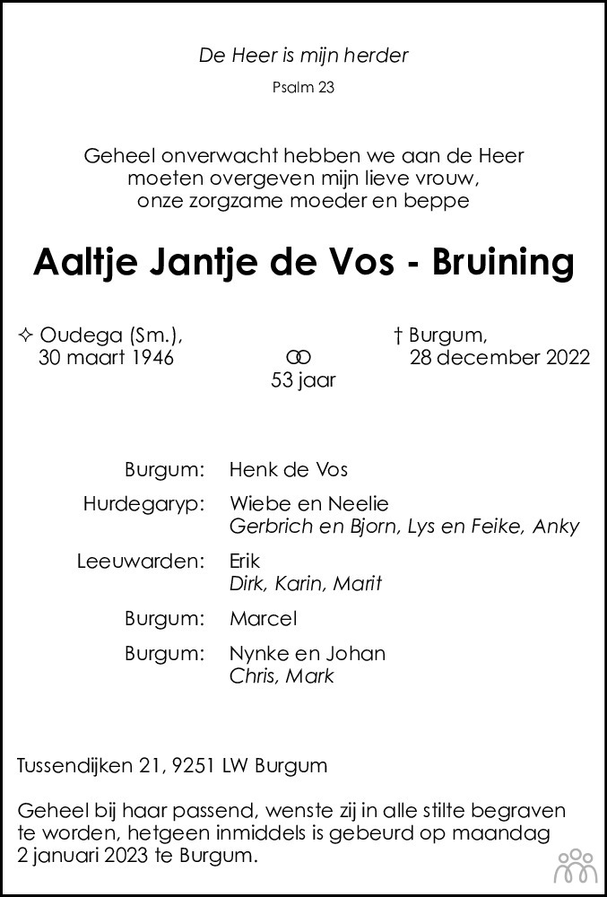 Aaltje Jantje De Vos Bruining 28 12 2022 Overlijdensbericht En