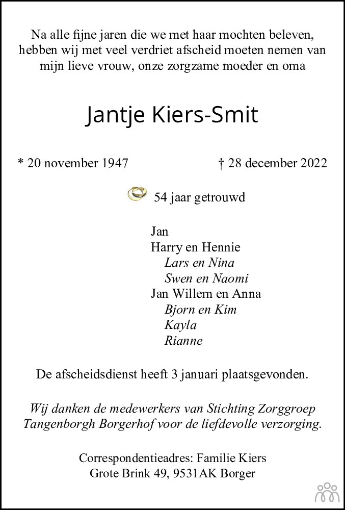 Jantje Kiers Smit 28 12 2022 Overlijdensbericht En Condoleances