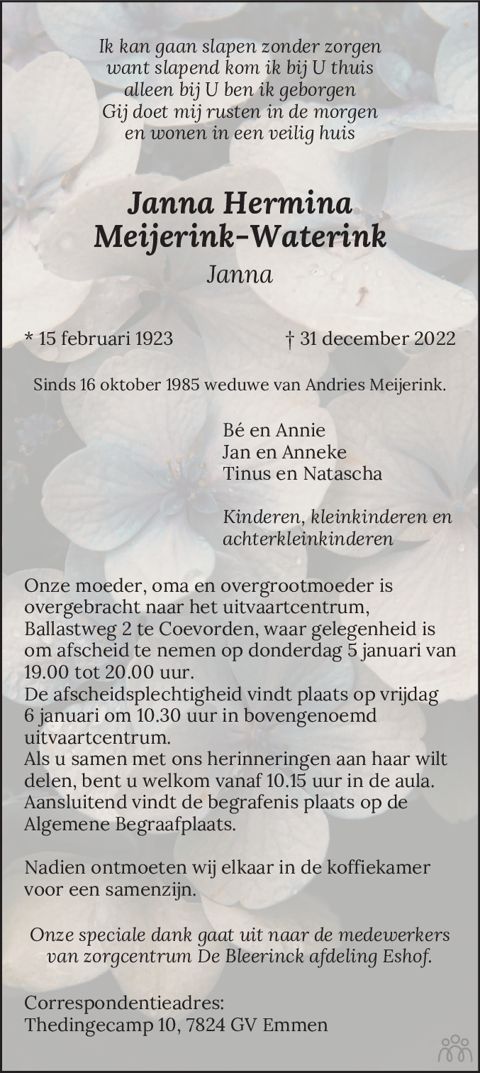 Janna Hermina Janna Meijerink Waterink 31 12 2022 Overlijdensbericht