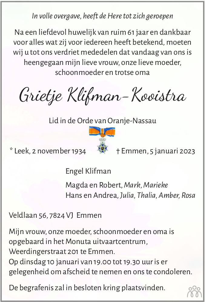 Grietje Klifman Kooistra 05 01 2023 Overlijdensbericht En Condoleances