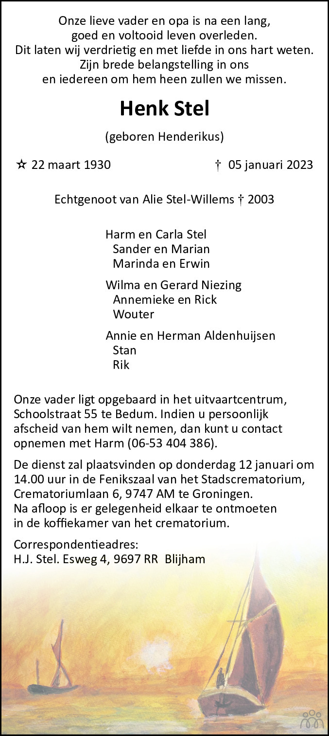 Henk Henderikus Stel 05 01 2023 Overlijdensbericht En Condoleances