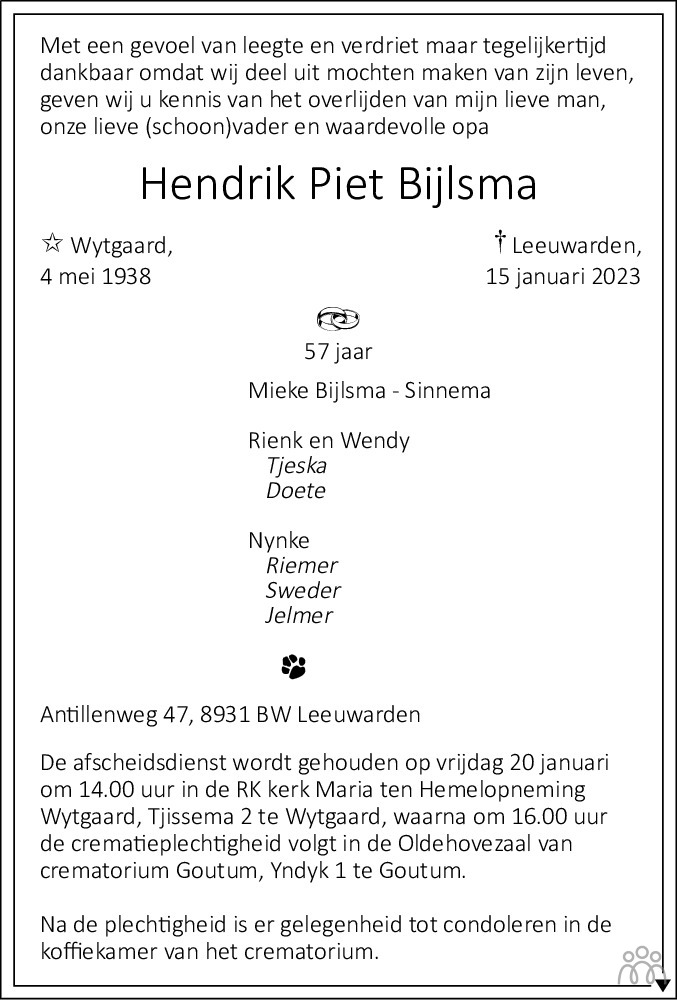 Hendrik Piet Bijlsma 15 01 2023 Overlijdensbericht En Condoleances