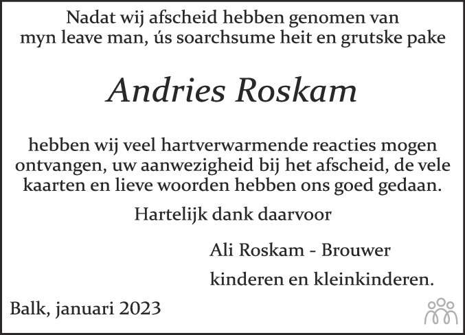 Andries Roskam 02 11 2022 Overlijdensbericht En Condoleances