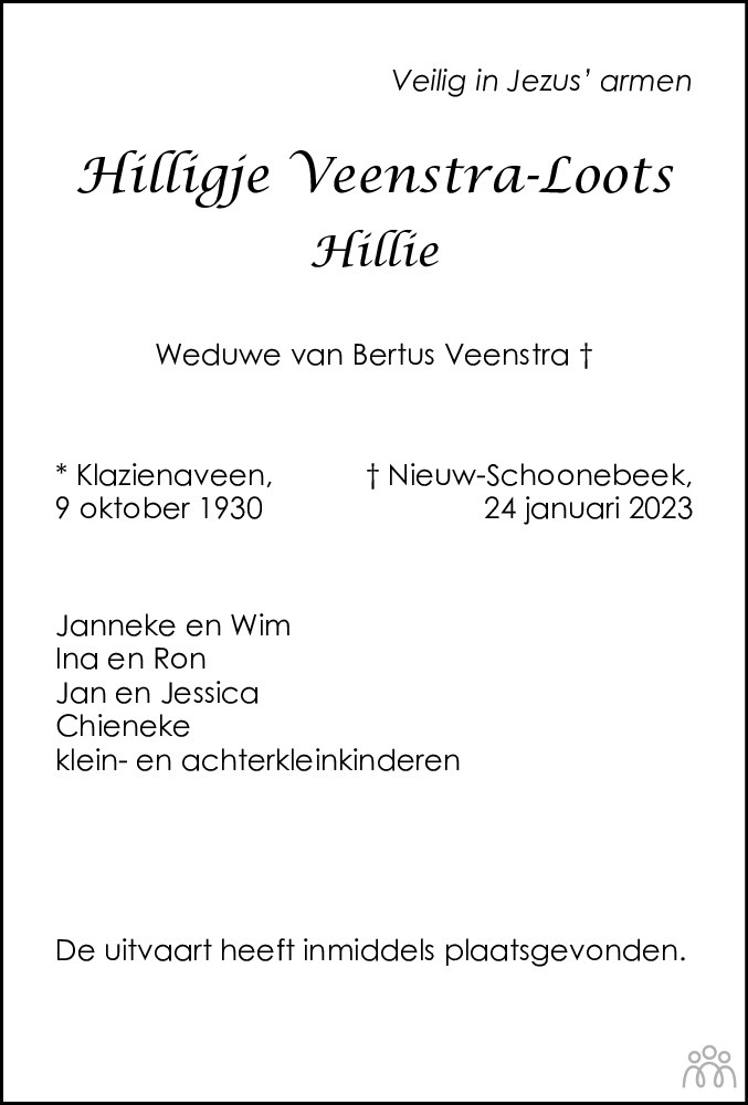 Hilligje Hillie Veenstra Loots 24 01 2023 Overlijdensbericht En