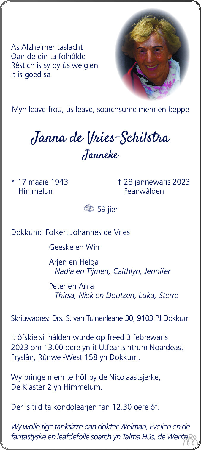 Janna Janneke De Vries Schilstra Overlijdensbericht En