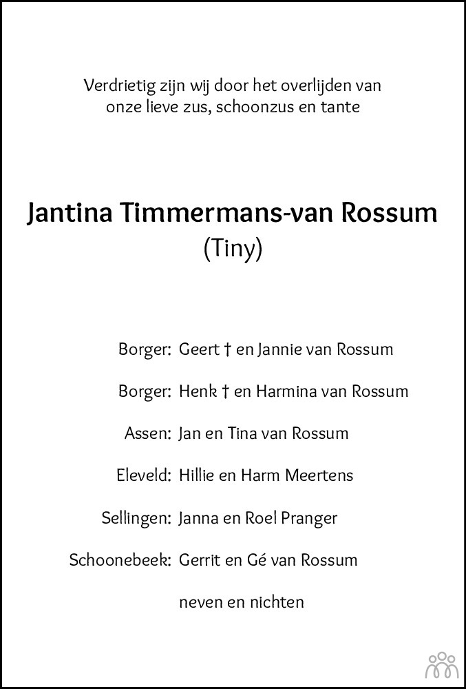 Jantina Tiny Timmermans Van Rossum 04 02 2023 Overlijdensbericht En