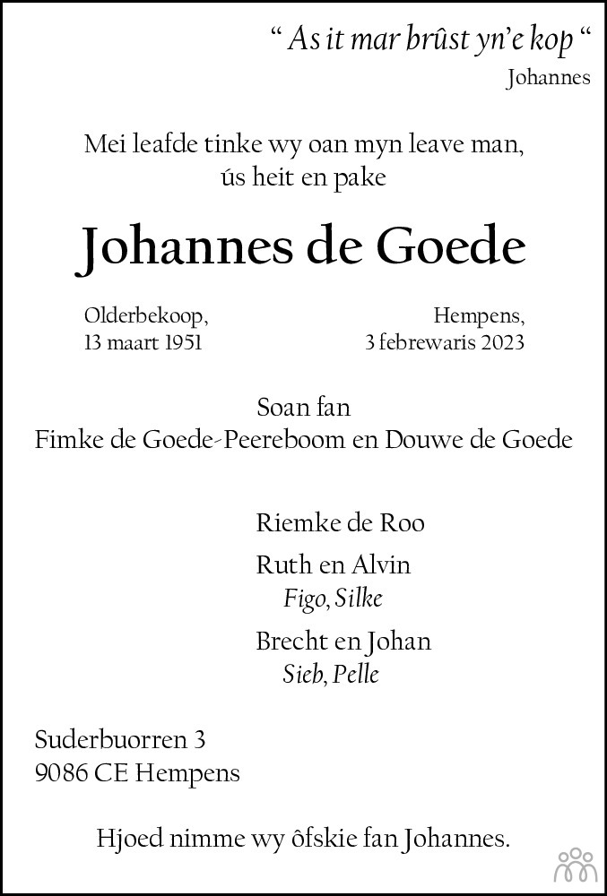 Johannes De Goede 03 02 2023 Overlijdensbericht En Condoleances