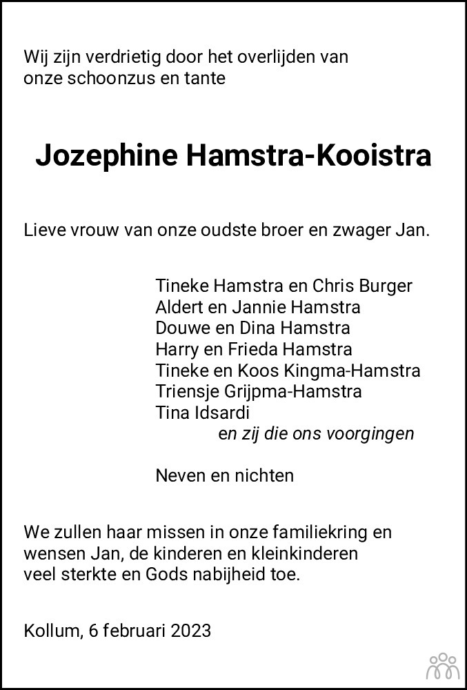 Jozephine Hamstra Kooistra 06 02 2023 Overlijdensbericht En