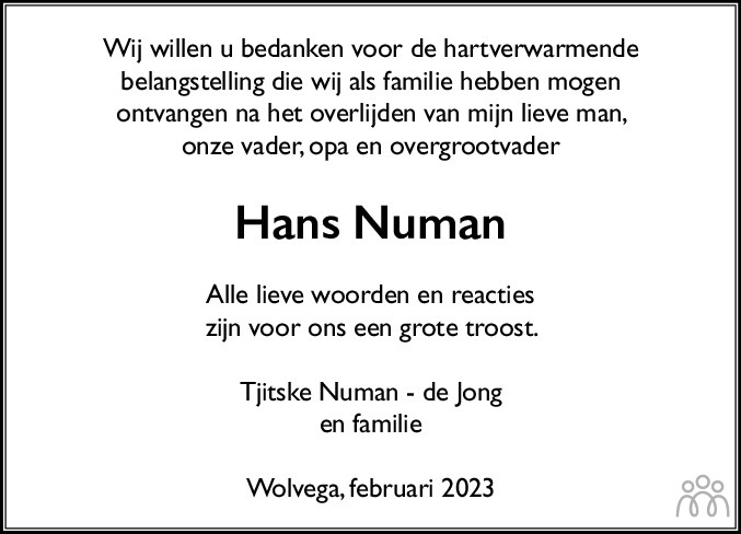 Hans Numan Overlijdensbericht En Condoleances Mensenlinq Nl