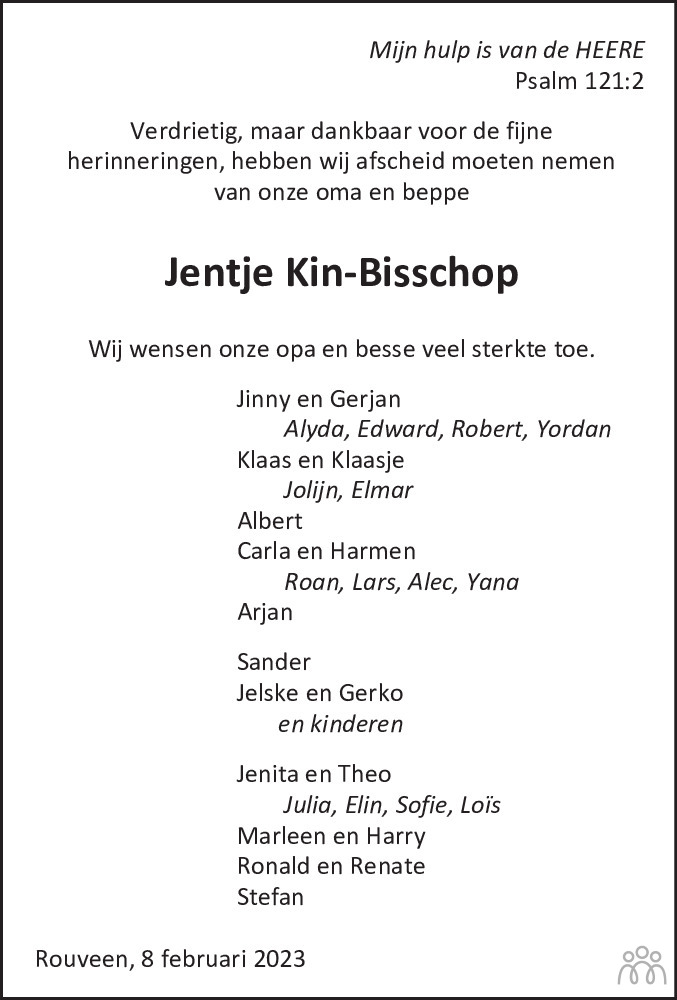 Jentje Kin Bisschop 08 02 2023 Overlijdensbericht En Condoleances