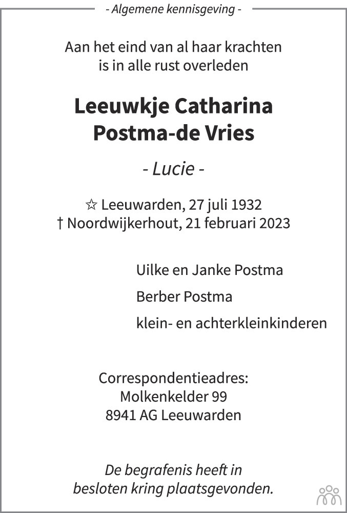 Leeuwkje Catharina Lucie Postma De Vries