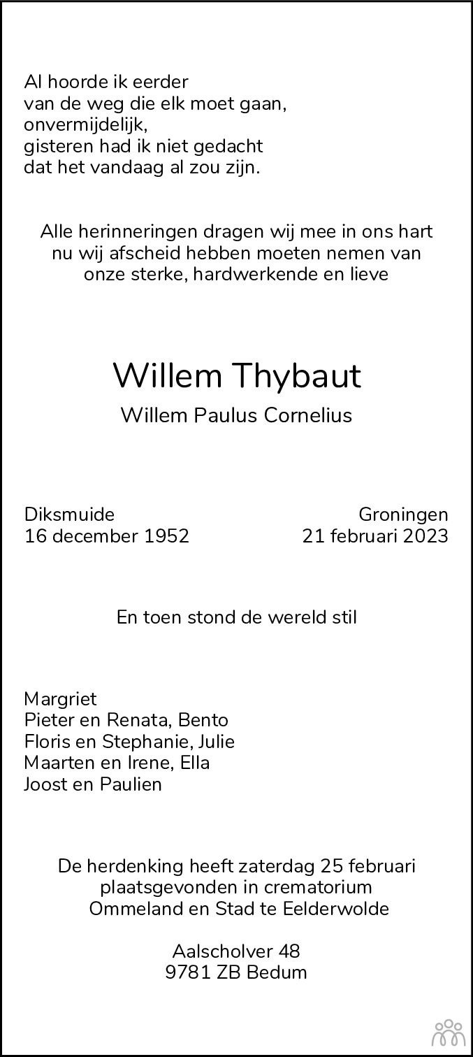 Willem Paulus Cornelius Thybaut 21 02 2023 Overlijdensbericht En