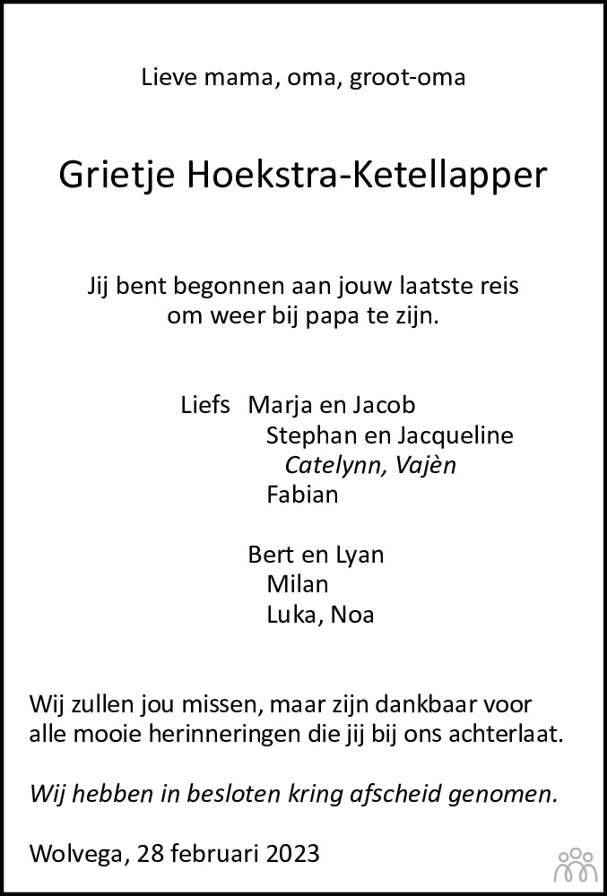 Grietje Hoekstra Ketellapper 28 02 2023 Overlijdensbericht En