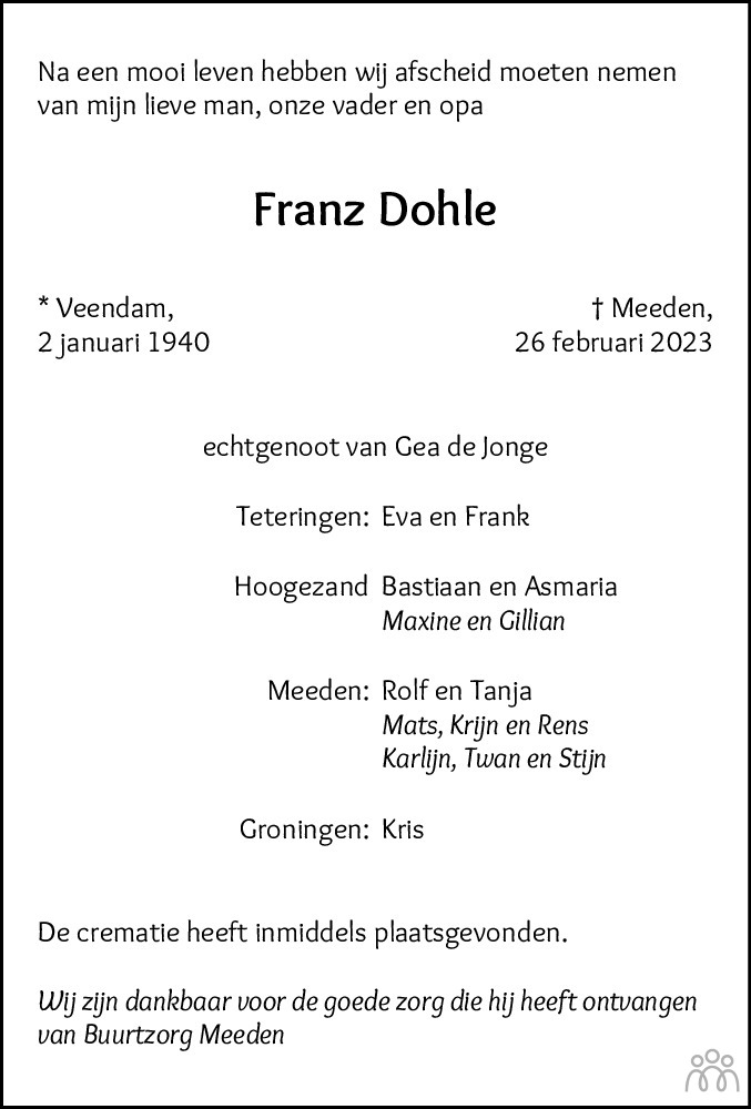 Franz Dohle 26 02 2023 Overlijdensbericht En Condoleances Mensenlinq Nl