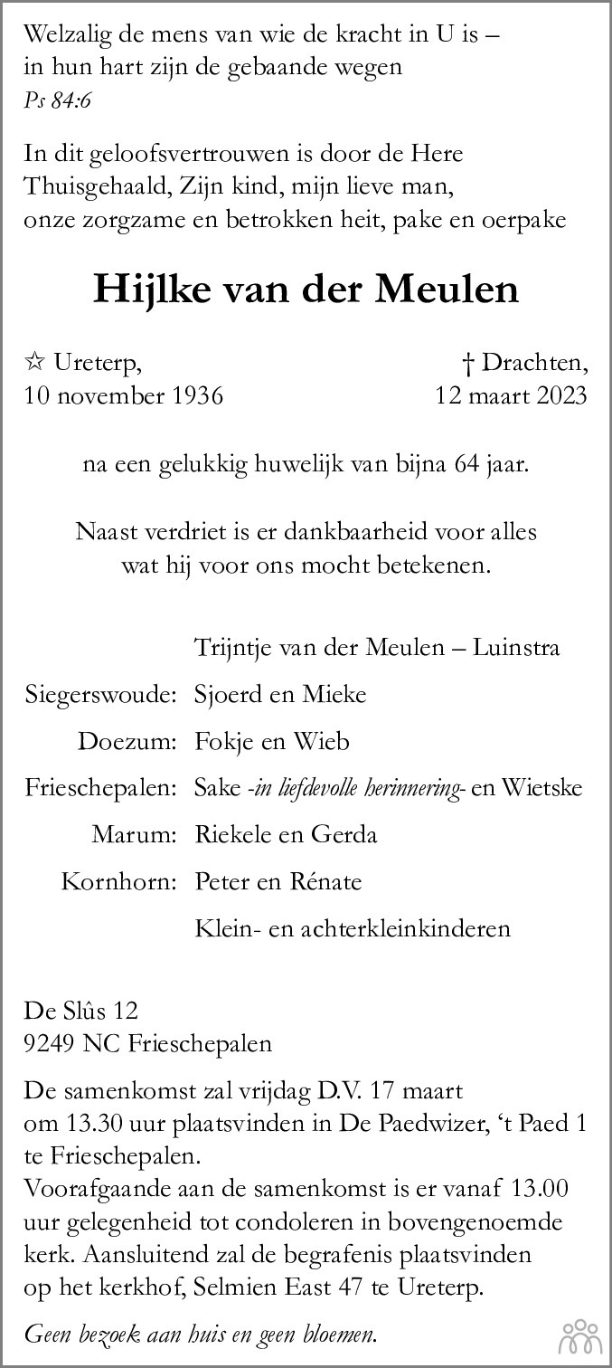 Hijlke Van Der Meulen 12 03 2023 Overlijdensbericht En Condoleances