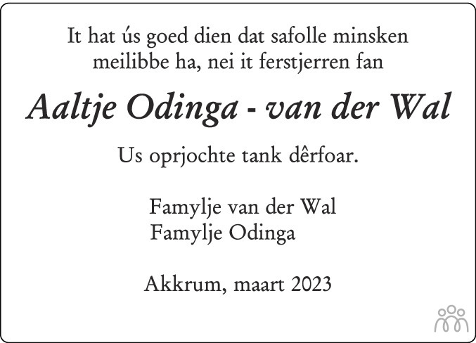 Aaltje Odinga Van Der Wal 17 01 2023 Overlijdensbericht En Condoleances