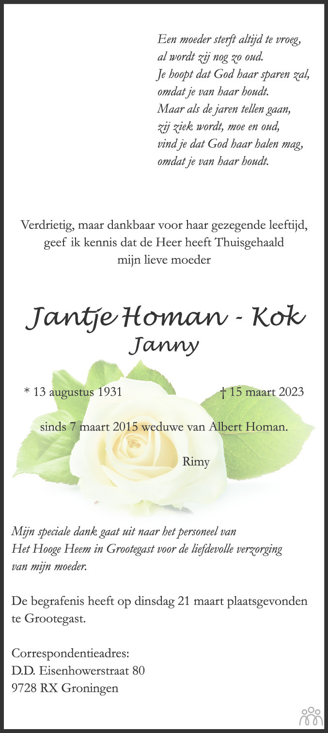 Jantje Janny Homan Kok Overlijdensbericht En Condoleances